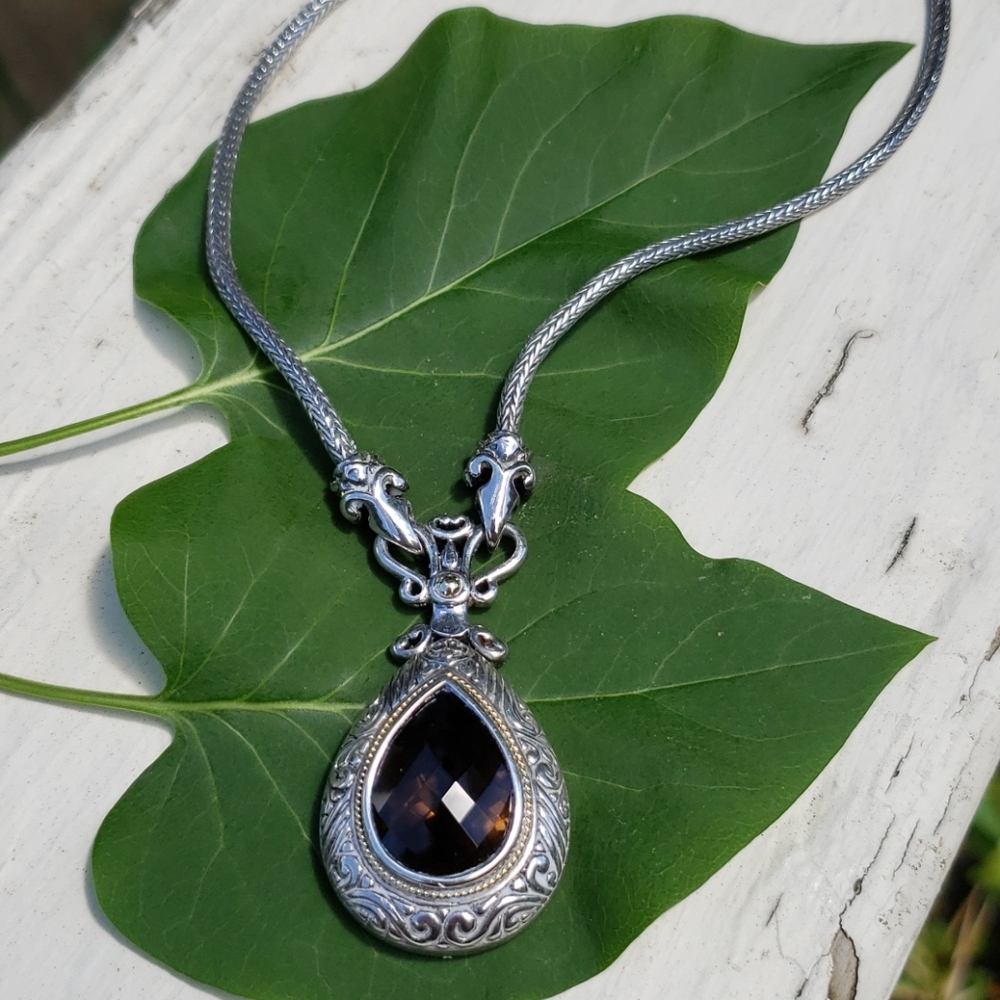 Smoky Quartz sterling 18k gold pendant necklace